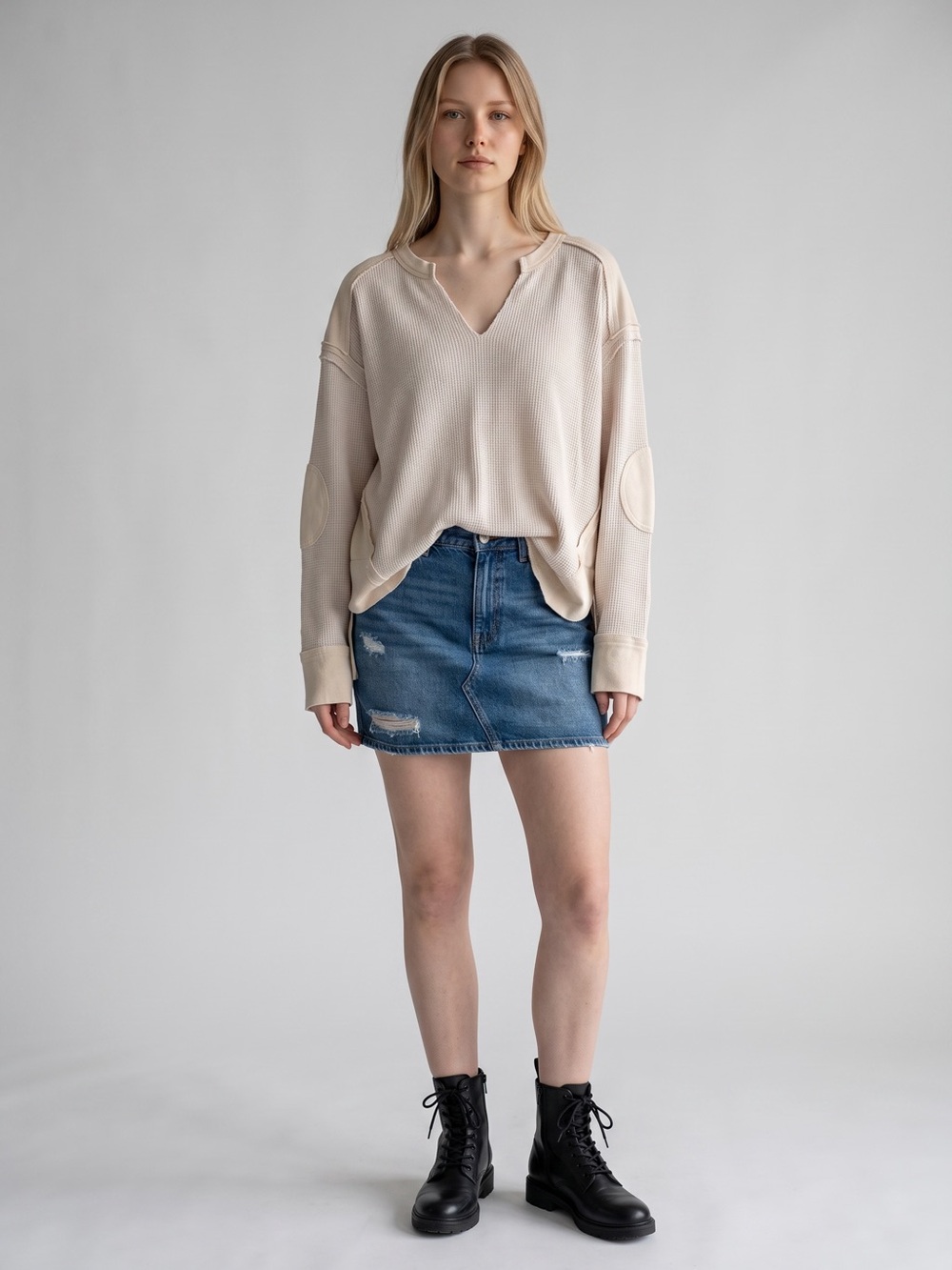 entro Cream V-Neck Waffle Knit Sweatshirt